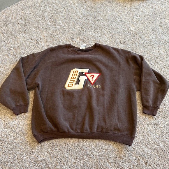 Vintage Guess Brand Embroidered Brown Crewneck Sweater Size XL - Picture 1 of 6